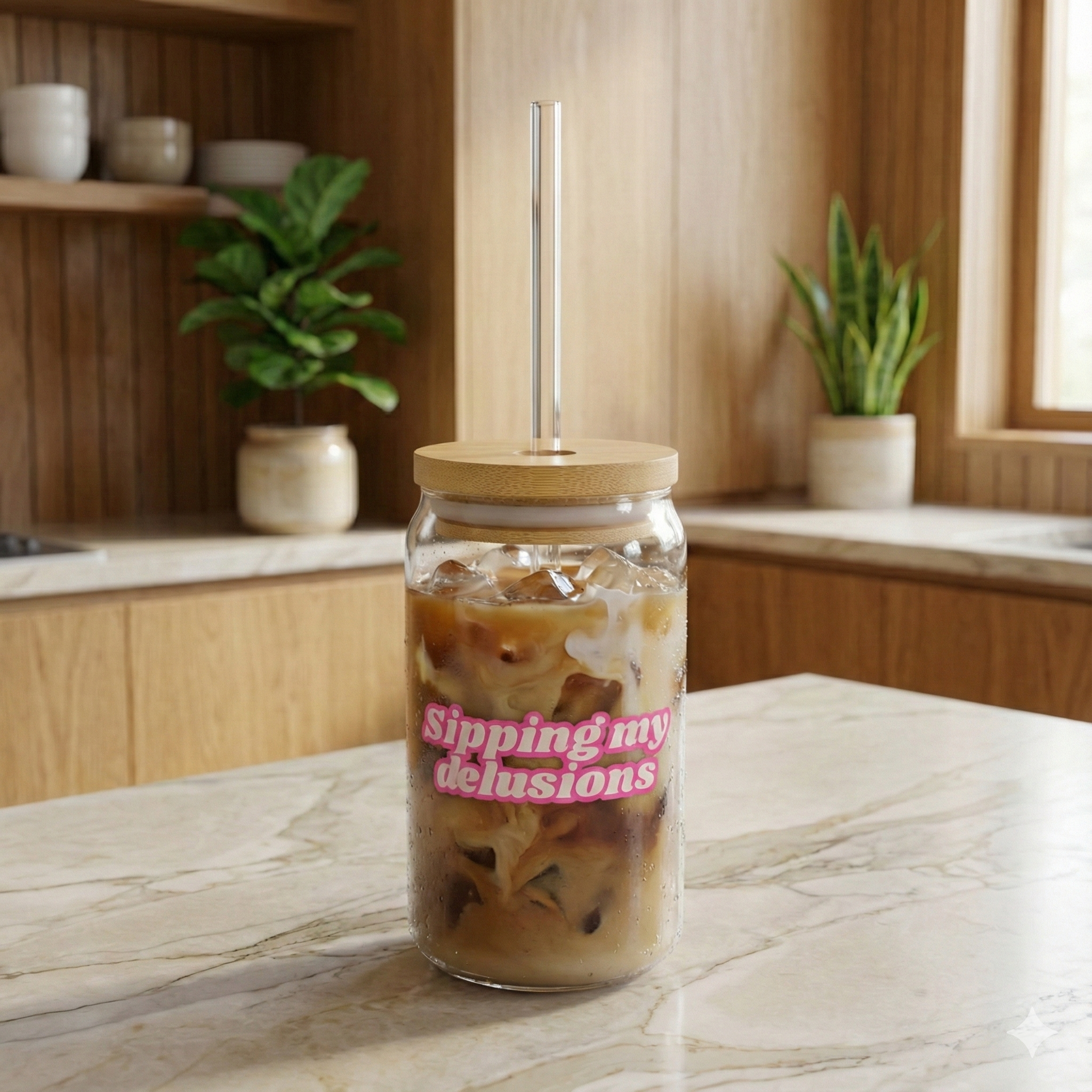 MATCHA/ICE COFFEE GLASS 16oz WITH STRAW - SIPPING MY DELUSIONS