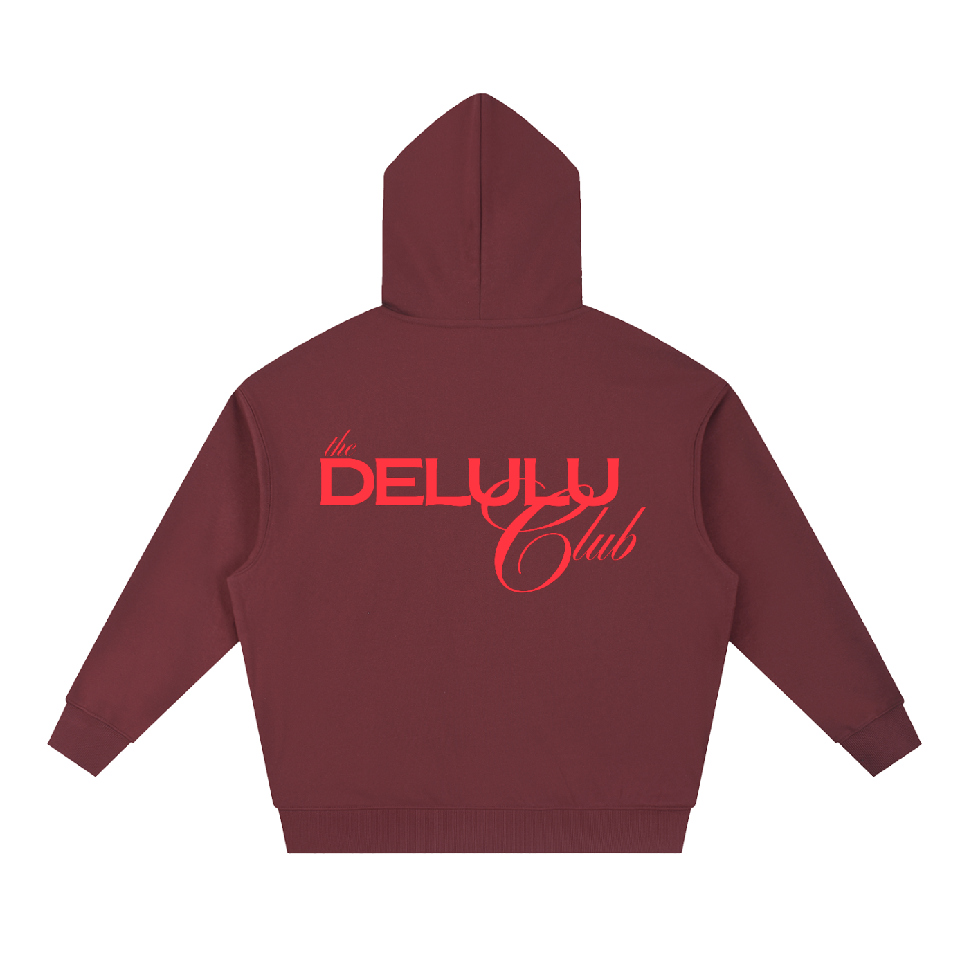 Maroon hoodie with red 'The Delulu Club' text on the back against a white background