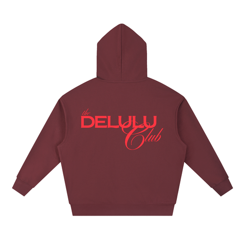 Maroon hoodie with red 'The Delulu Club' text on the back against a white background