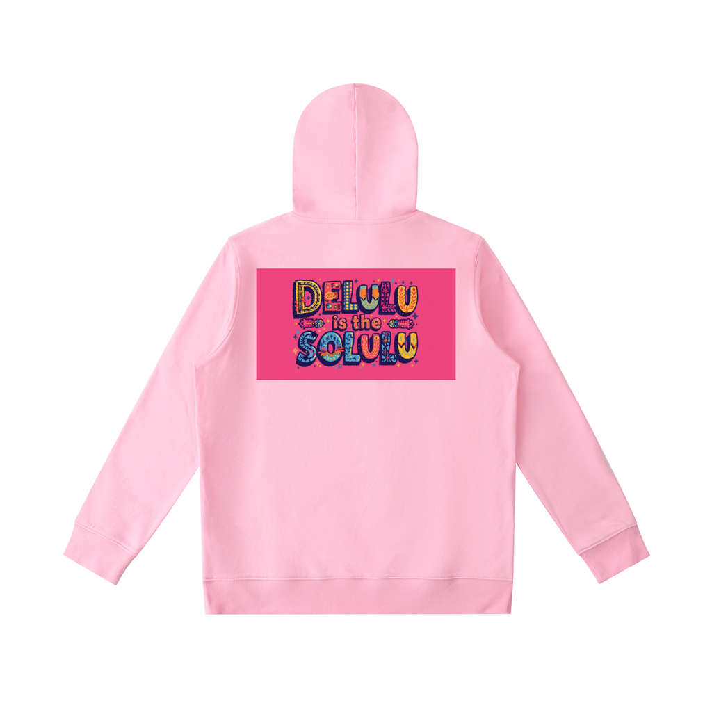 Pink hoodie with colorful text design on the back against a white background