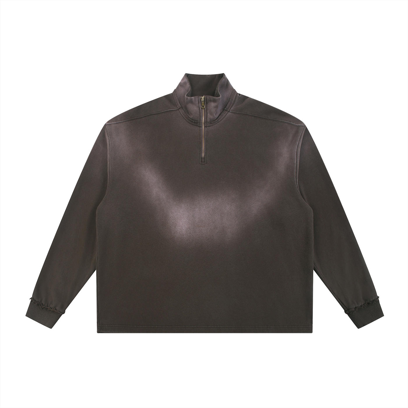 BASIC SUN FADE RAW EDGE QUARTER-ZIP SWEATSHIRT BROWN