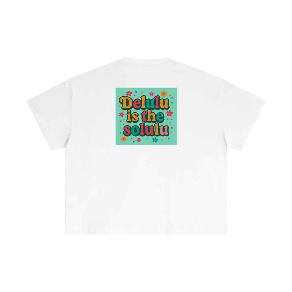 White t-shirt with colorful text design on a white background