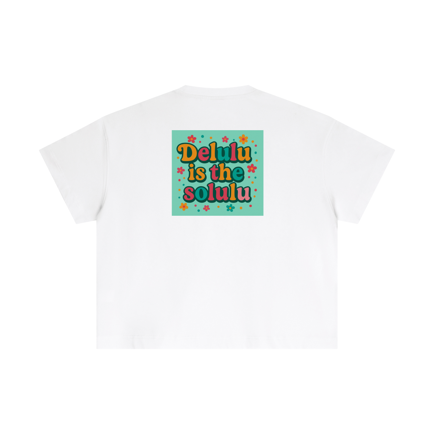 White t-shirt with colorful text design on a white background