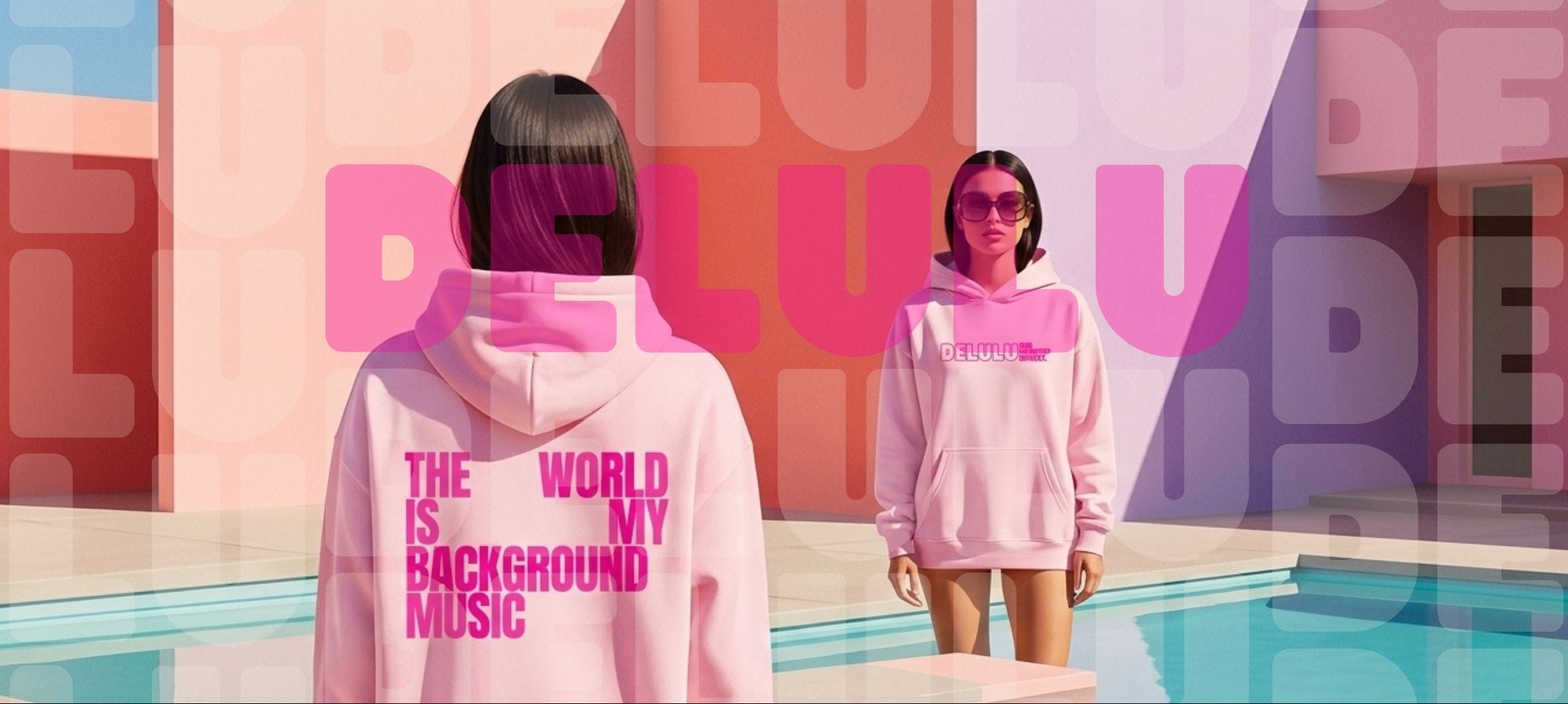 Two people wearing pink hoodies with text, standing by a pool with a colorful background.
