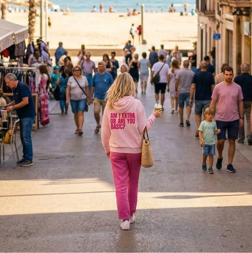 Street scene in a coastal town with people walking, dining, and shops.