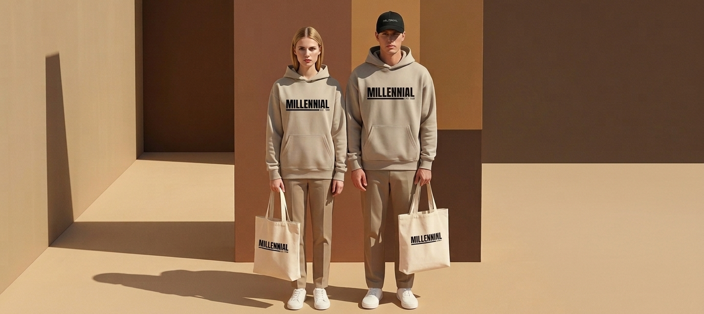 Two people wearing matching gray 'Millennial' sweatshirt and pants sets, holding white tote bags in a minimalistic setting.
