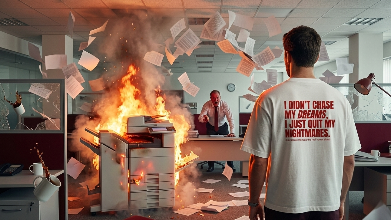 Man wearing white oversized graphic t-shirt in burning office, The Quitters Club streetwear