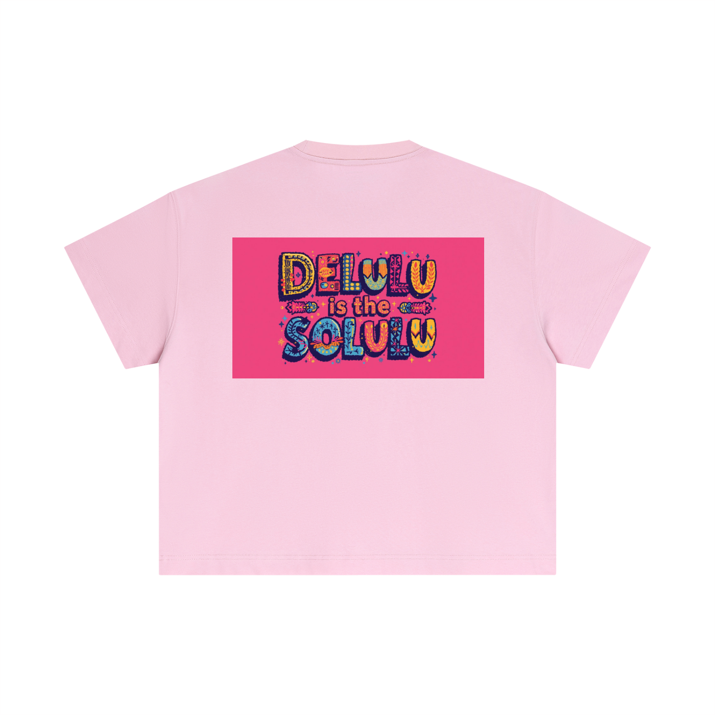 Pink t-shirt with colorful text design on a white background