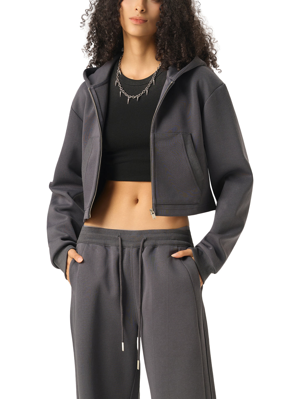 WOMAN ESSENTIAL CROPPED ZIP-UP HOODIE - BLACK